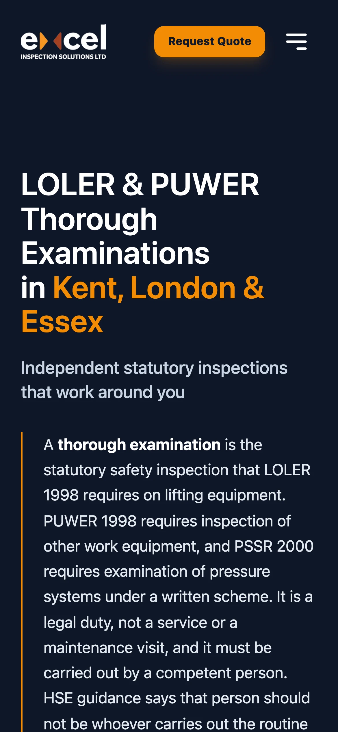 Excel Inspection Solutions website, home page on a phone