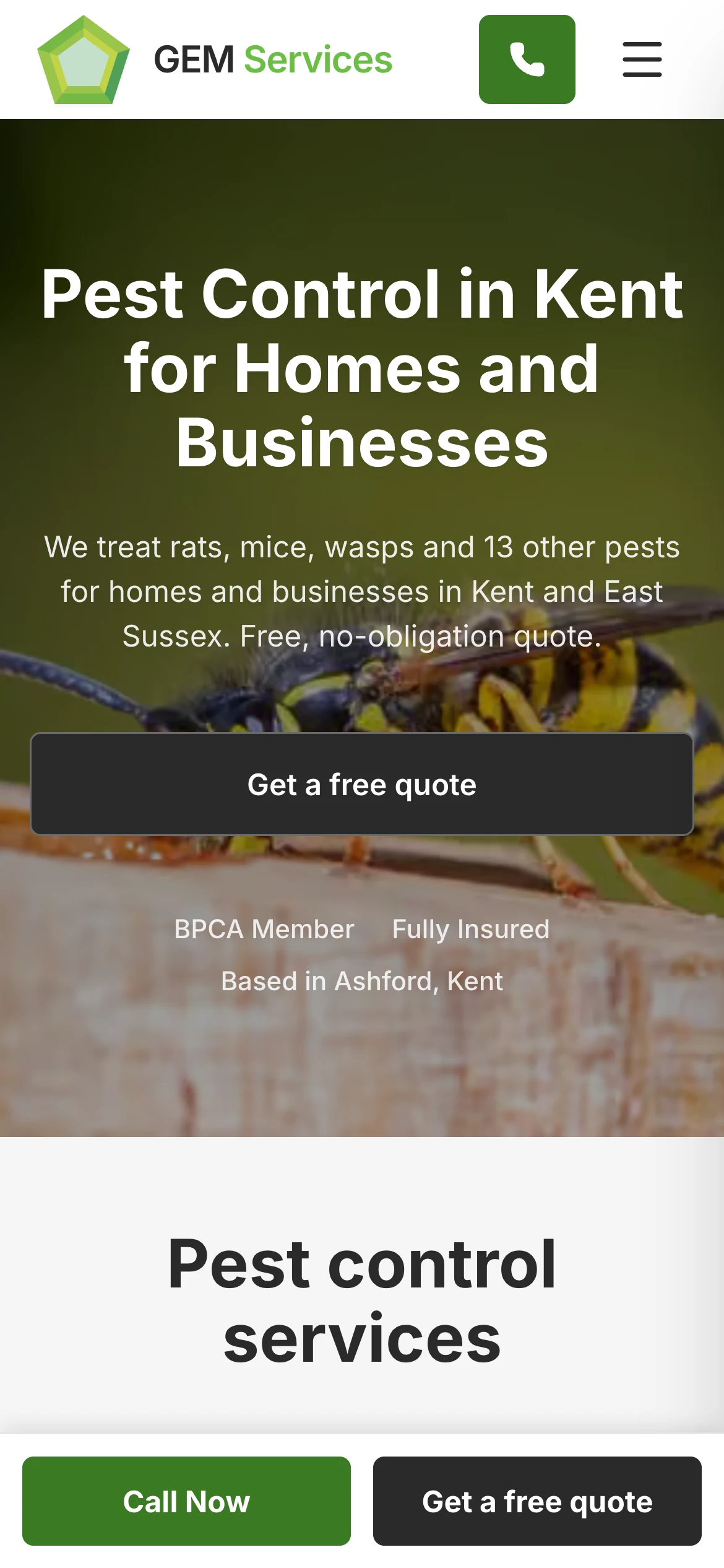 GEM Services website, home page on a phone