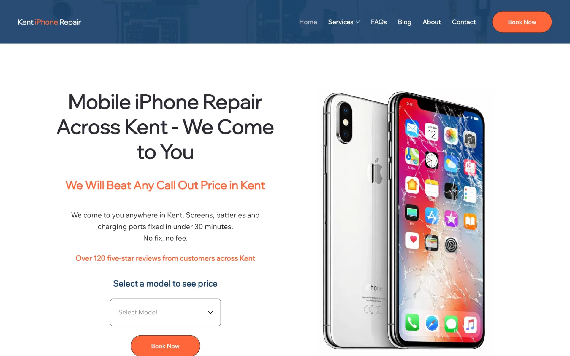 Kent iPhone Repair website, home page on a laptop