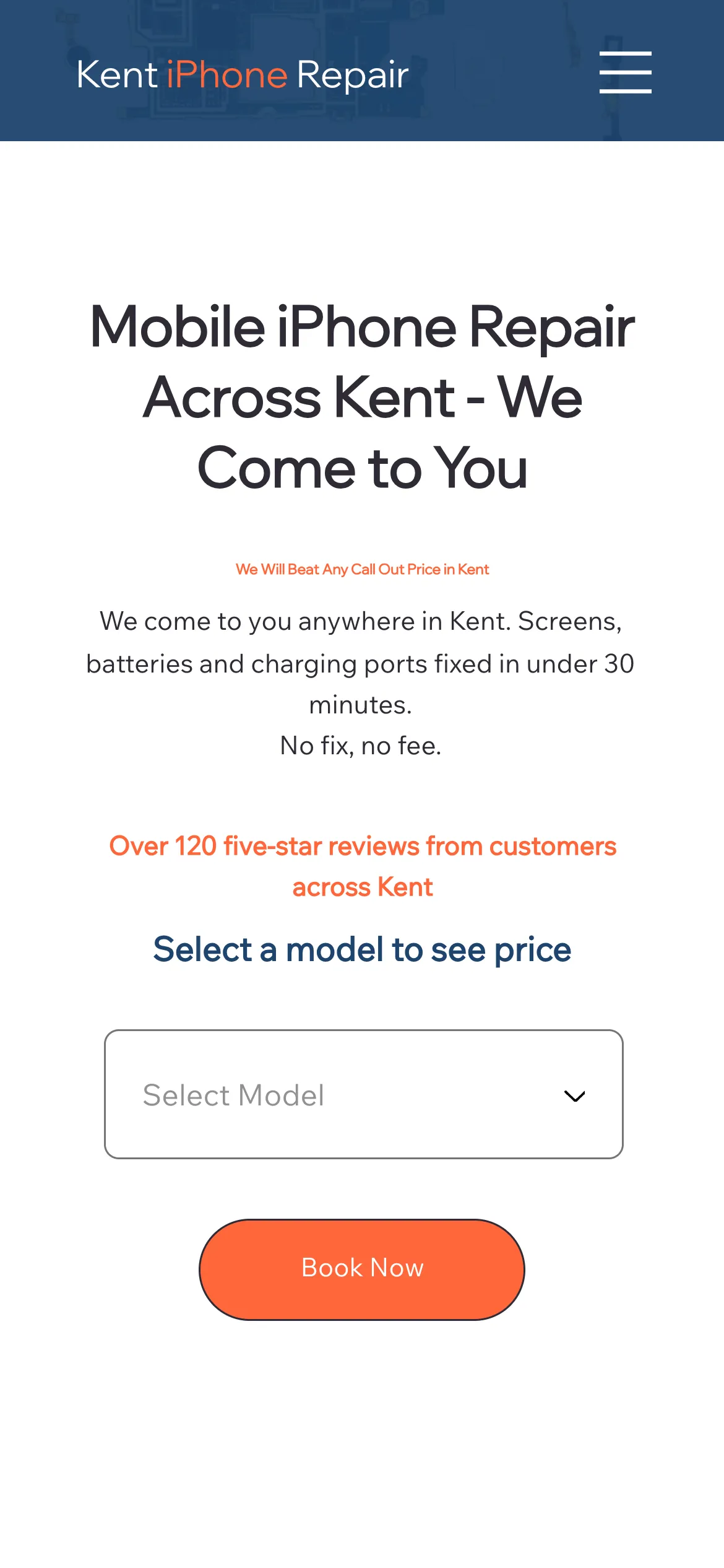 Kent iPhone Repair website, home page on a phone
