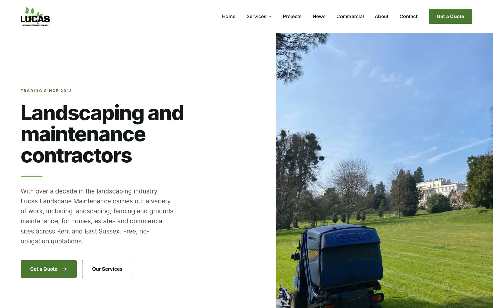 Lucas Landscape Maintenance website, home page on a laptop