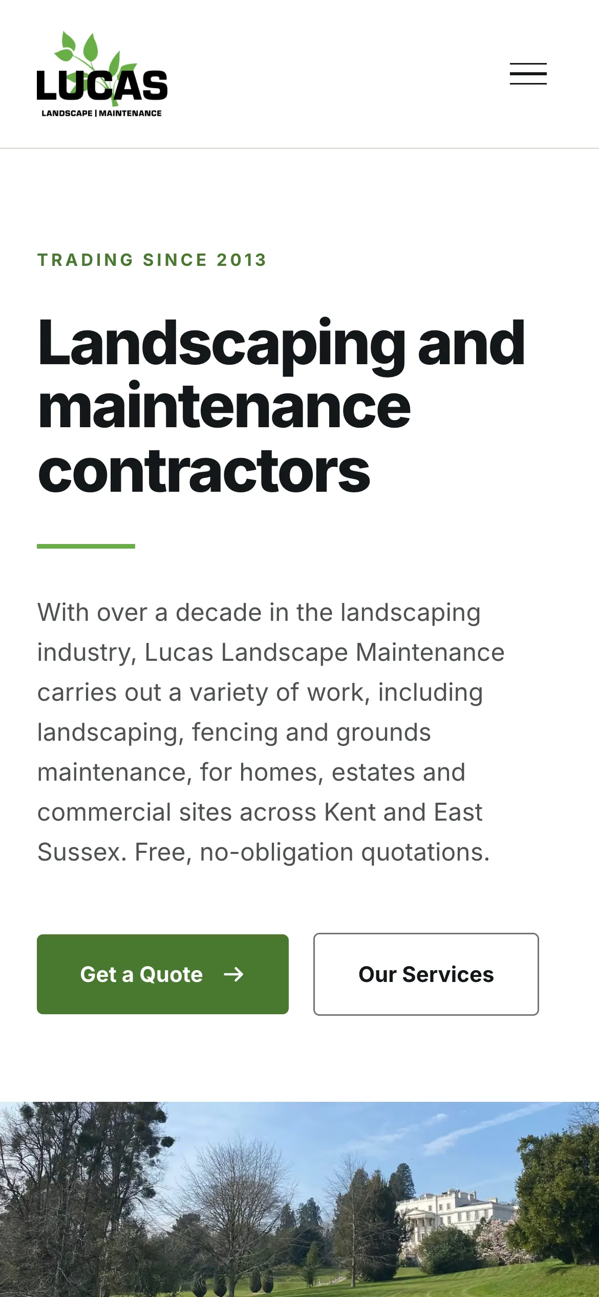 Lucas Landscape Maintenance website, home page on a phone