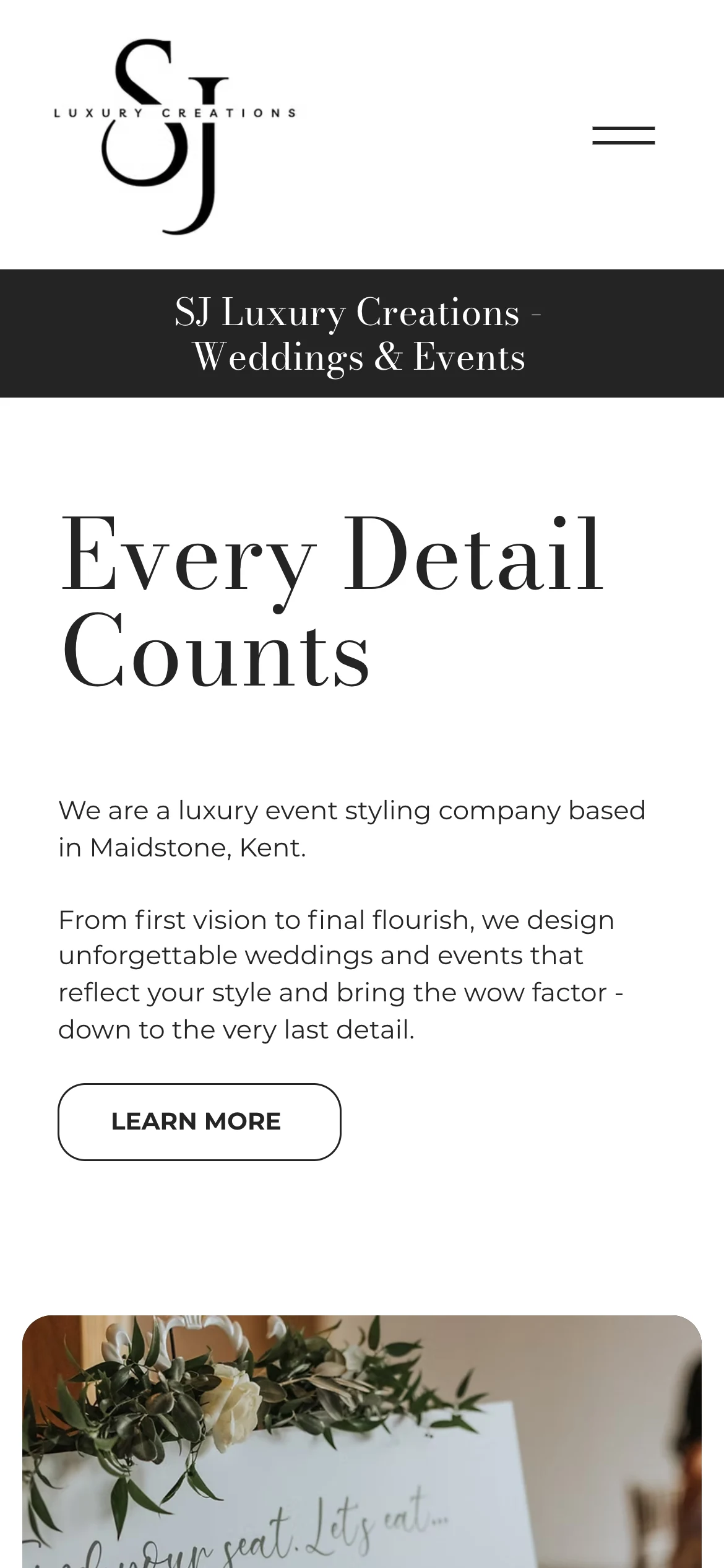 SJ Luxury Creations website, home page on a phone