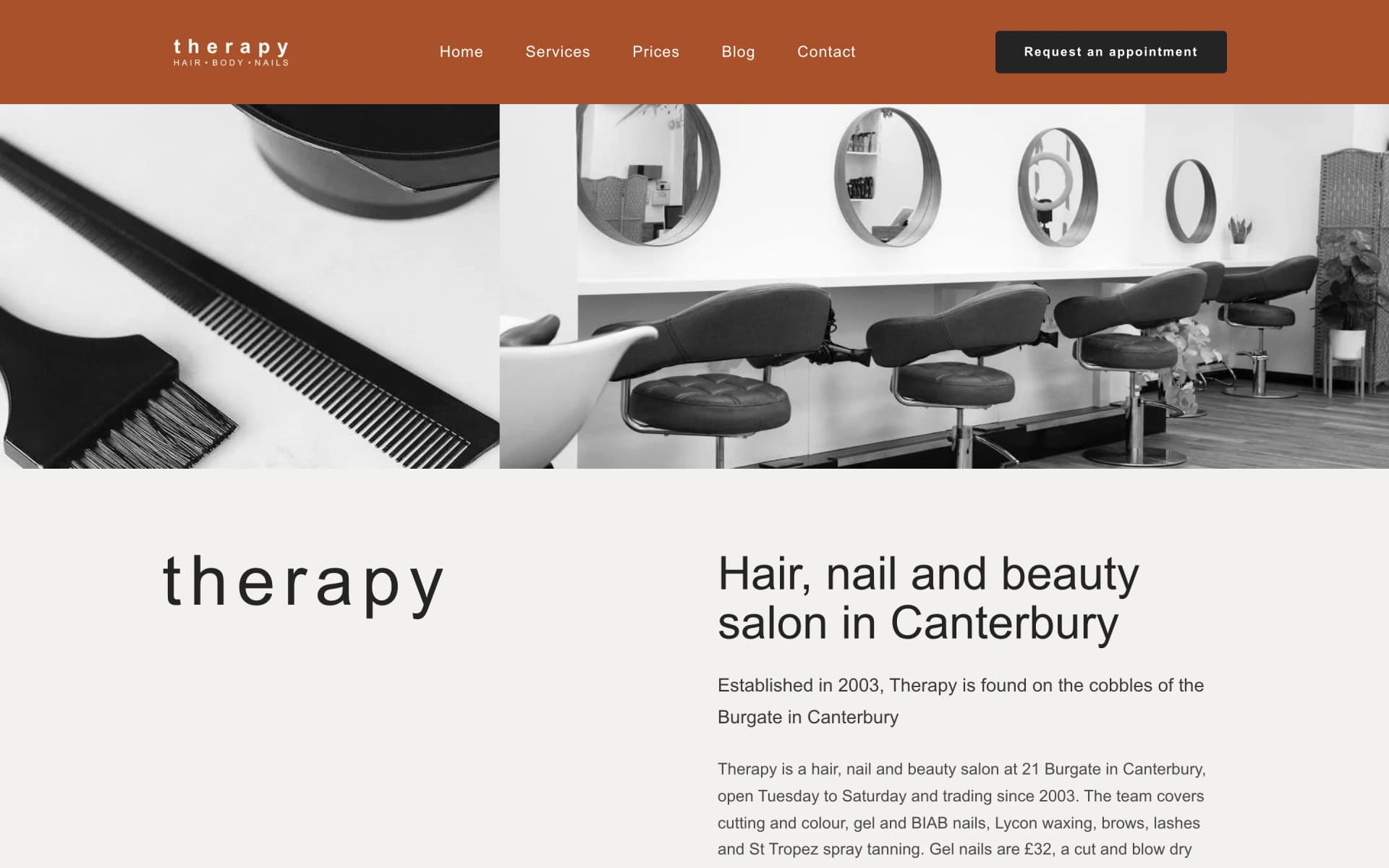 Therapy Hair Body & Nails website, home page